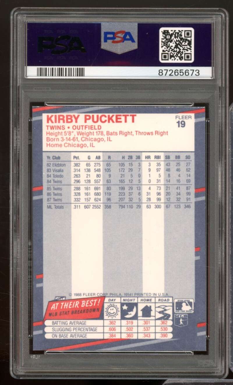 Kirby Puckett Card 1988 Fleer #19 PSA 9 Image 2