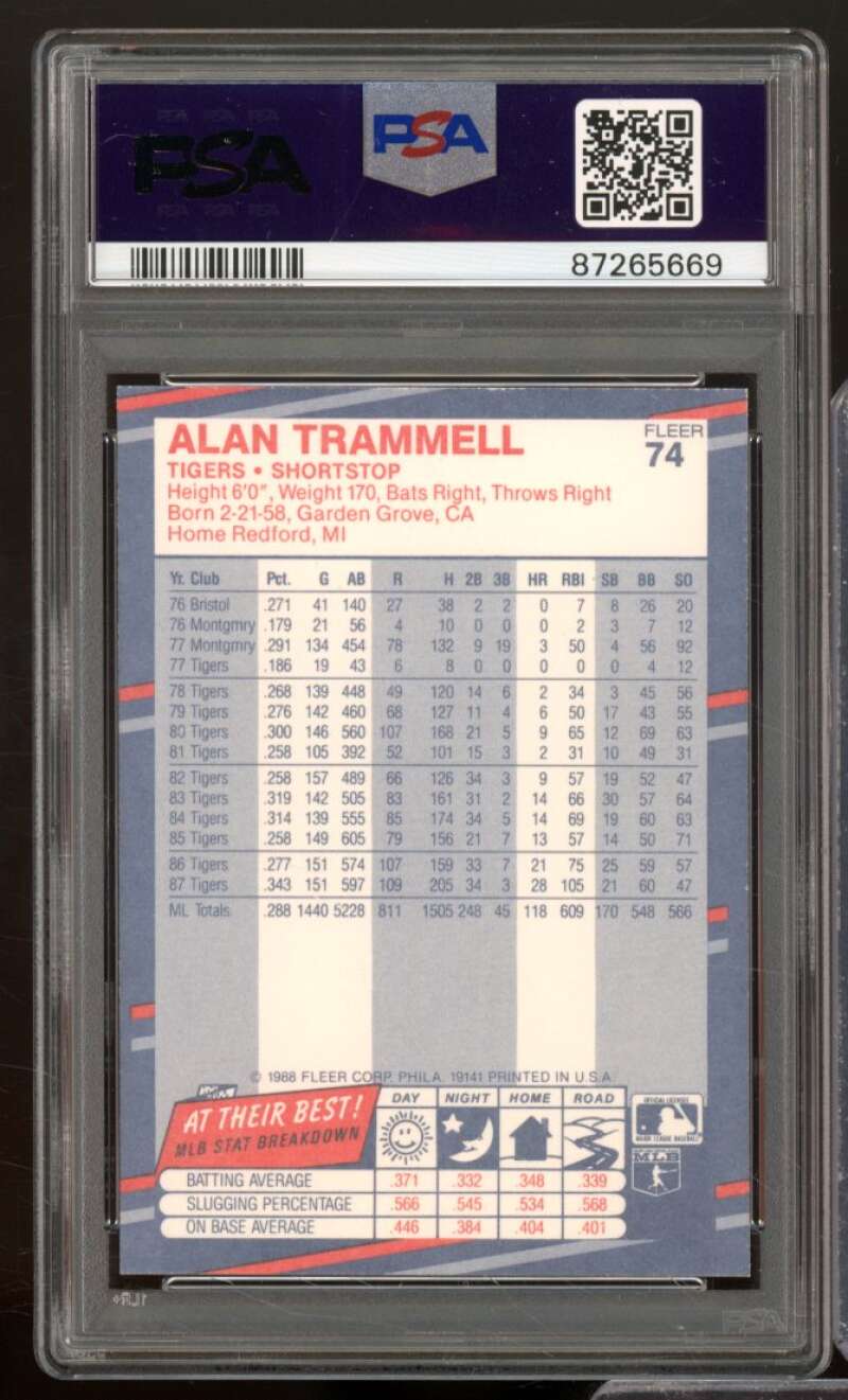 Alan Trammell Card 1988 Fleer #74 PSA 9 Image 2