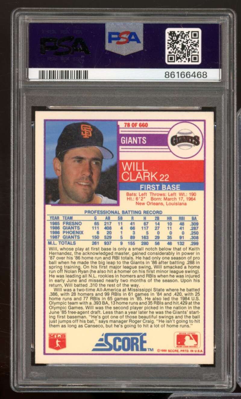 Will Clark Card 1988 Score #78 PSA 9 Image 2