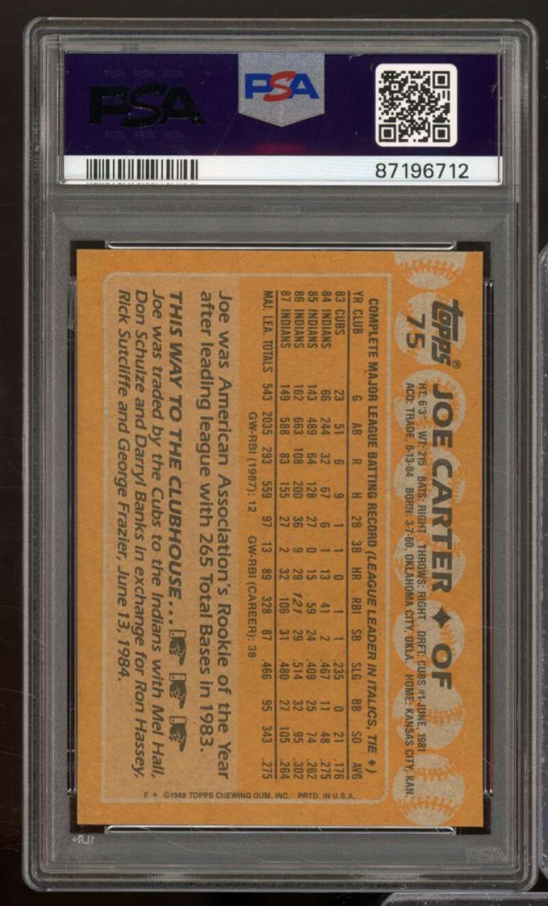 Joe Carter Card 1988 Topps #75 PSA 9 Image 2