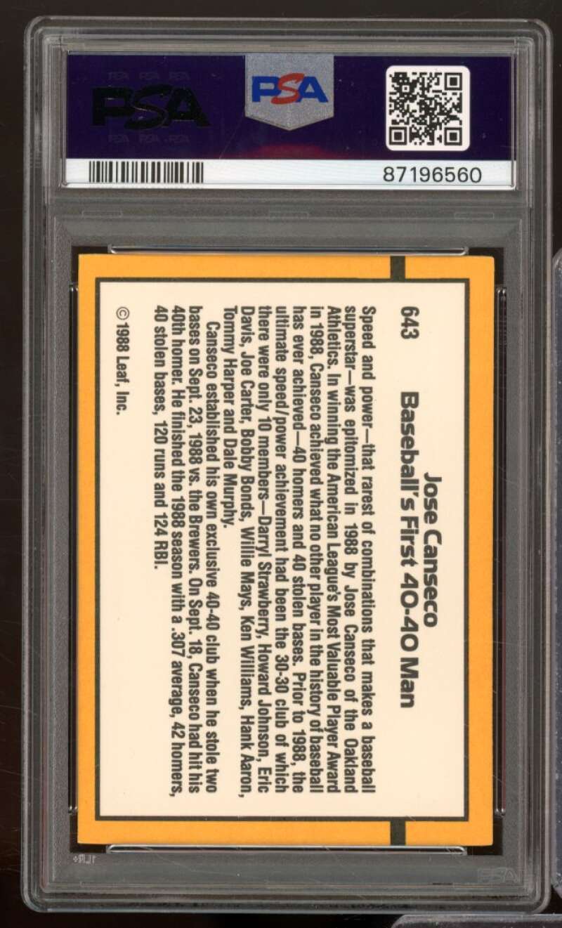 Jose Canseco Card 1989 Donruss #643 PSA 9 Image 2