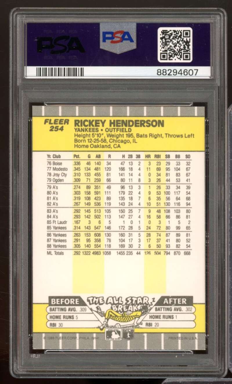 Rickey Henderson Card 1989 Fleer #254 PSA 9 Image 2