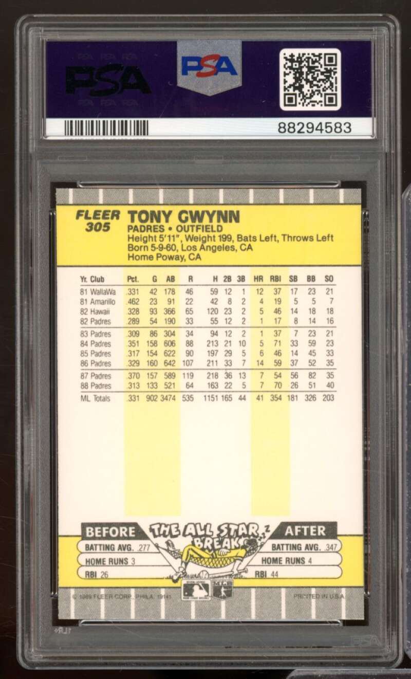 Tony Gwynn Card 1989 Fleer #305 PSA 9 Image 2