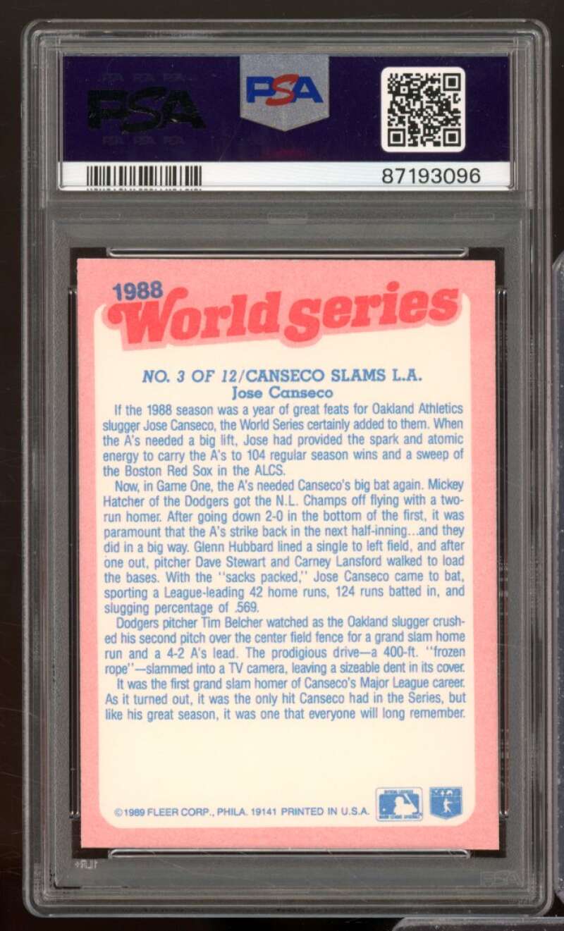 Jose Canseco Card 1989 Fleer Glossy #3 PSA 9 Image 2