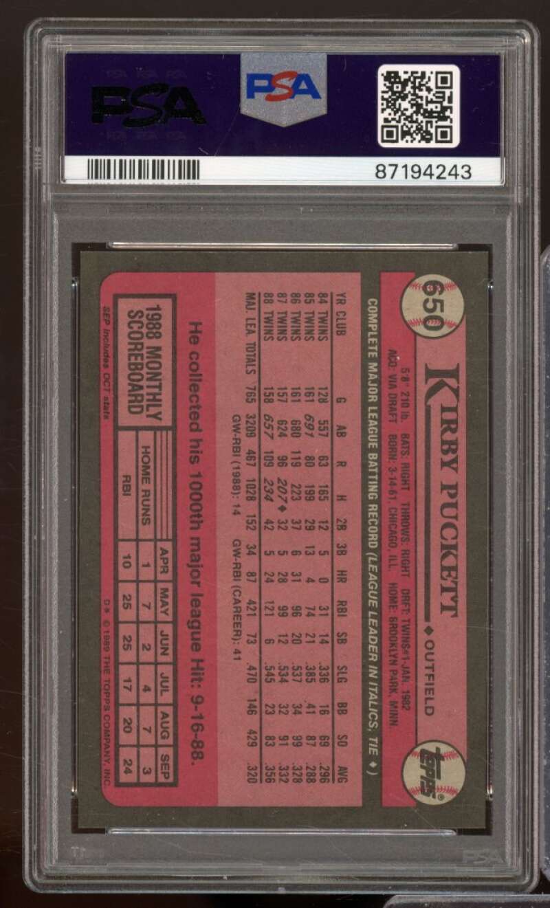 Kirby Puckett Card 1989 Topps #650 PSA 9 Image 2