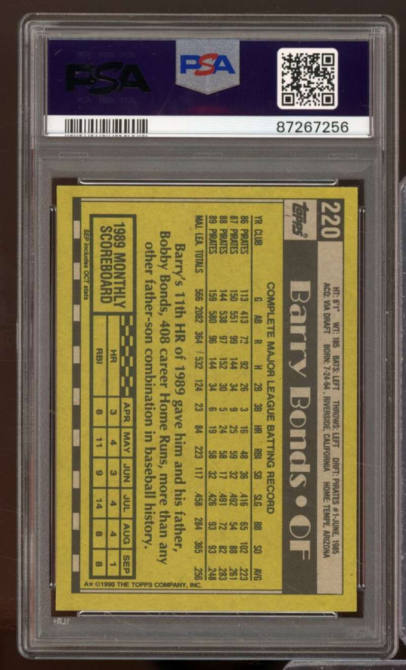 Barry Bonds Card 1990 Topps #220 PSA 9 Image 2