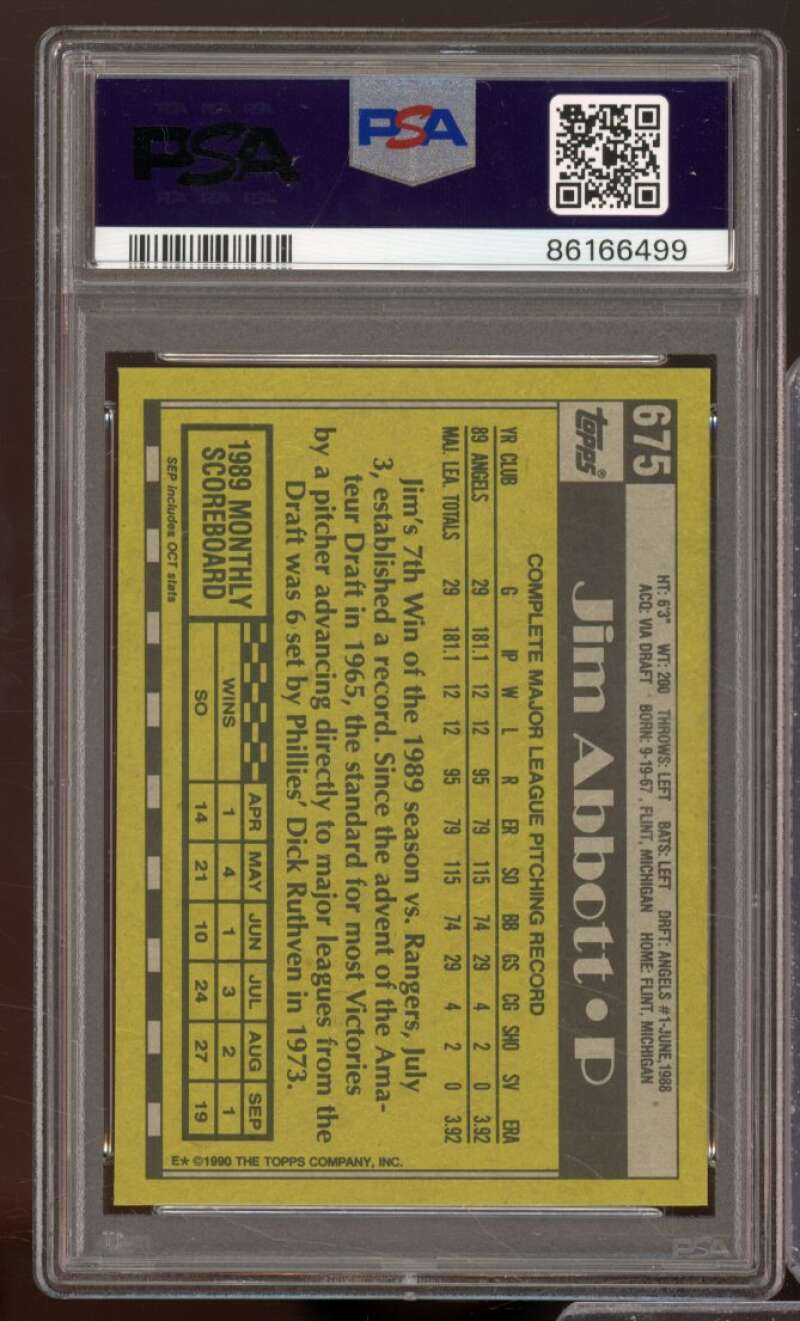 Jim Abbott Card 1990 Topps #675 PSA 9 Image 2