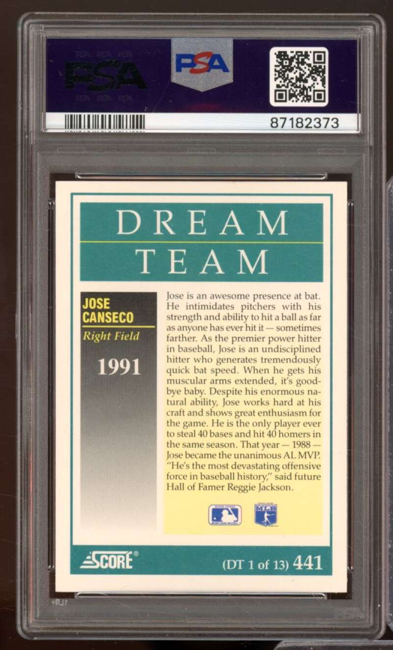 Jose Canseco Card 1991 Score #441 PSA 9 Image 2