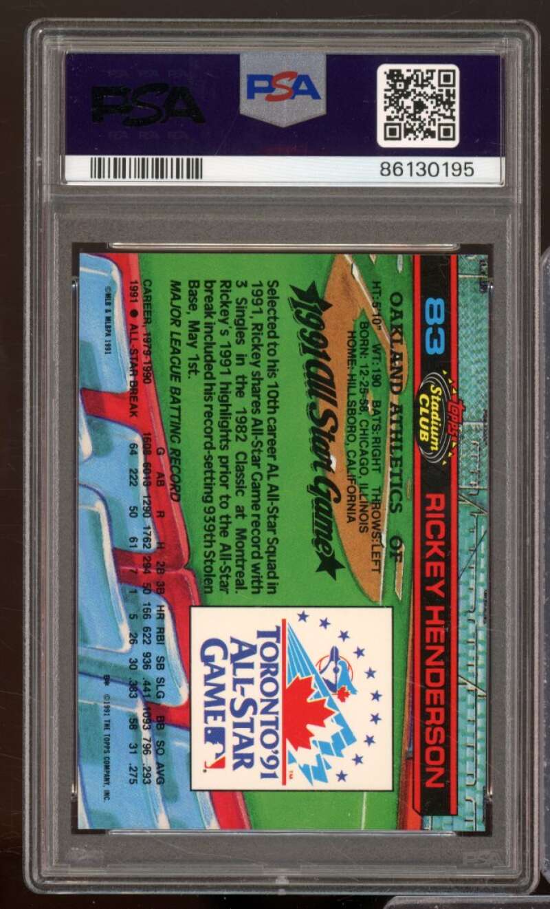 Rickey Henderson Card 1992 Stadium Club Skydome #83 PSA 9 Image 2