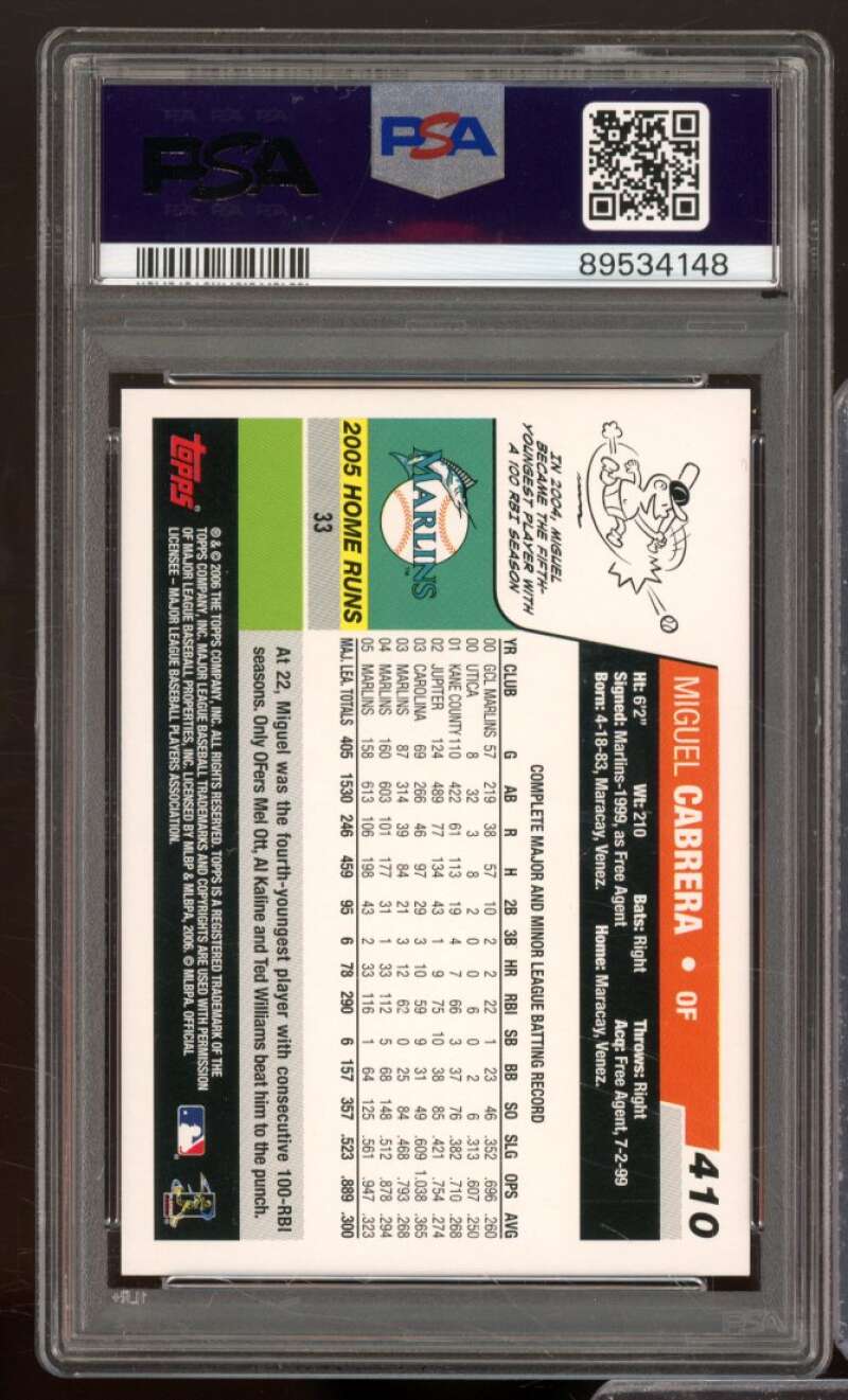 Miguel Cabrera Card 2006 Topps #410 PSA 9 Image 2