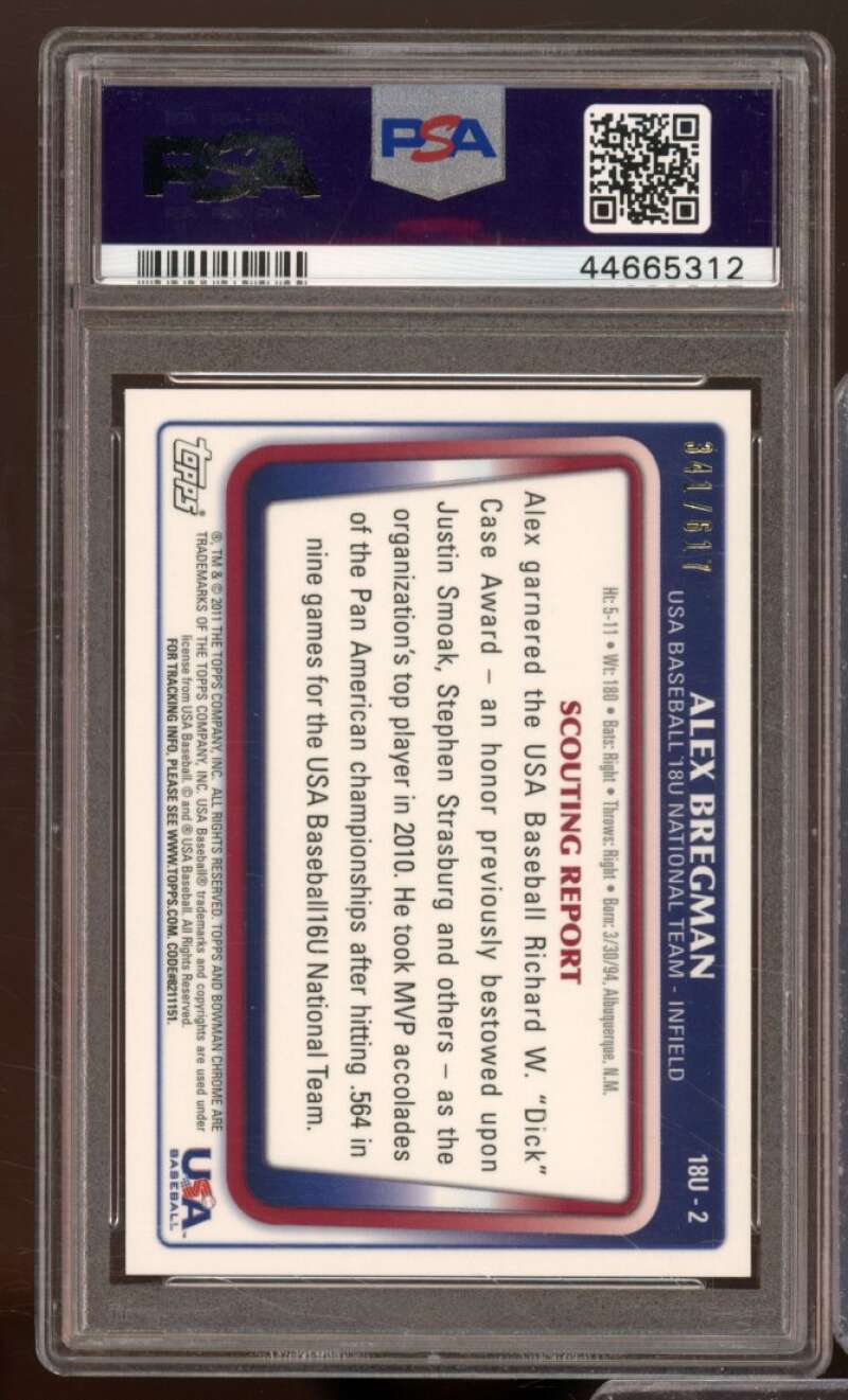 Alex Bregman Card 2011 Bowman Chrome 18U USA National Refractor #18U-2 PSA 9 Image 2