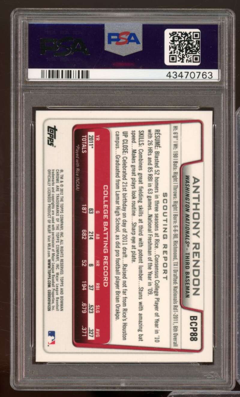 Anthony Rendon Card 2012 Bowman Prospects #BCP88 PSA 10 Image 2