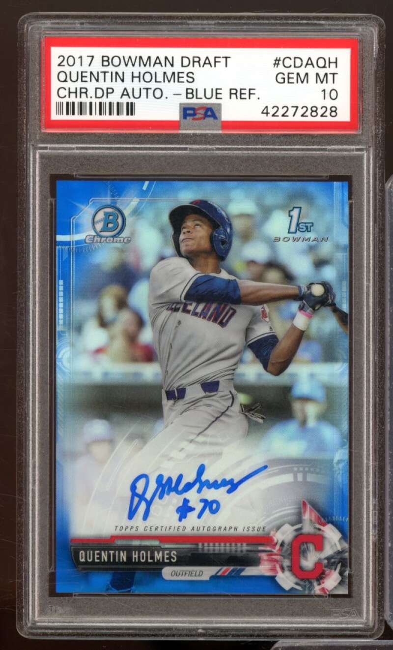 Quentin Holmes Rookie Card 2017 Bowman Draft Chrome Auto Blue Ref #CDAQH PSA 10 Image 1