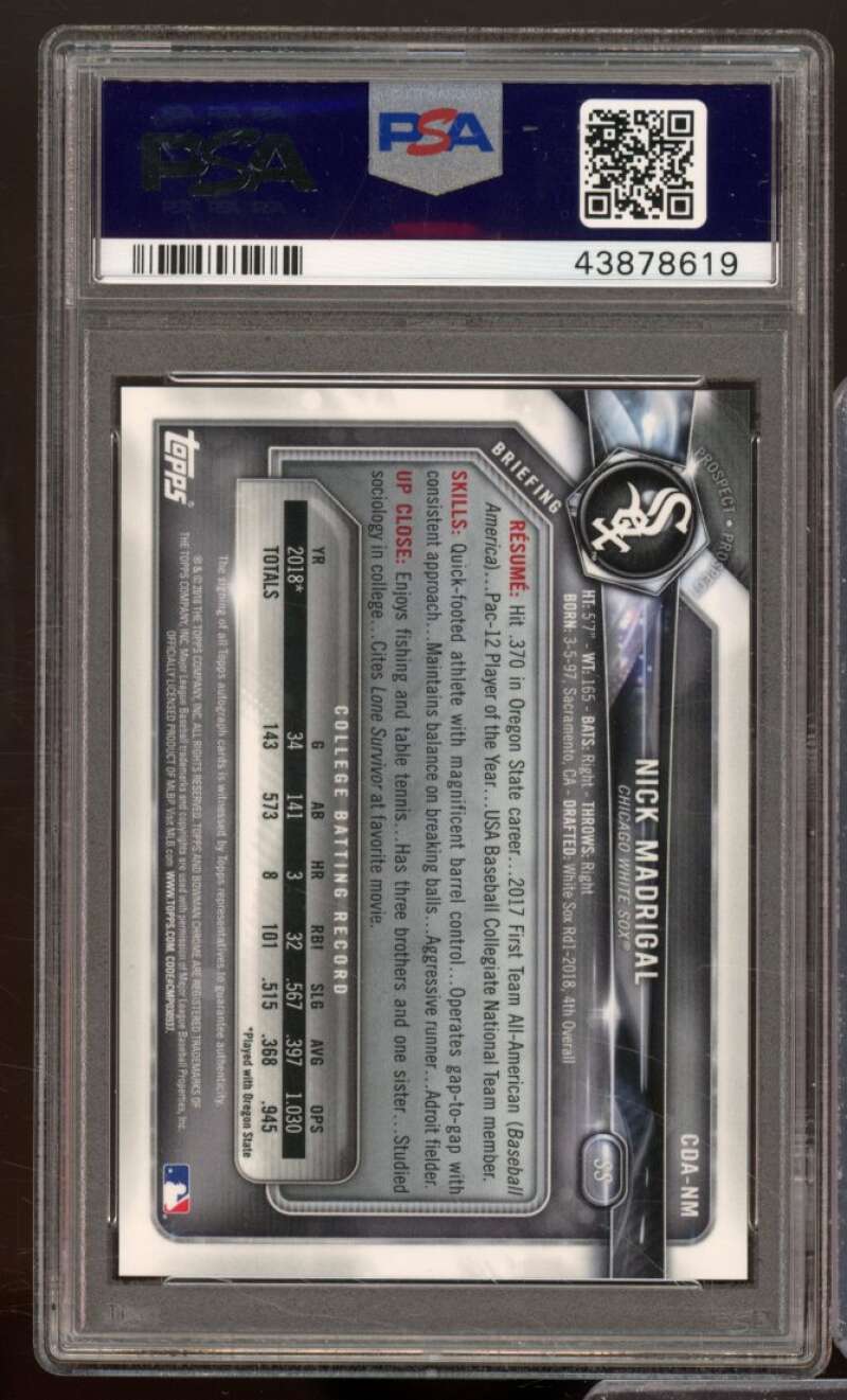 Nick Madrigal Card 2018 Bowman Draft Chrome Draft Picks Auto #CDANM PSA 9 Image 2