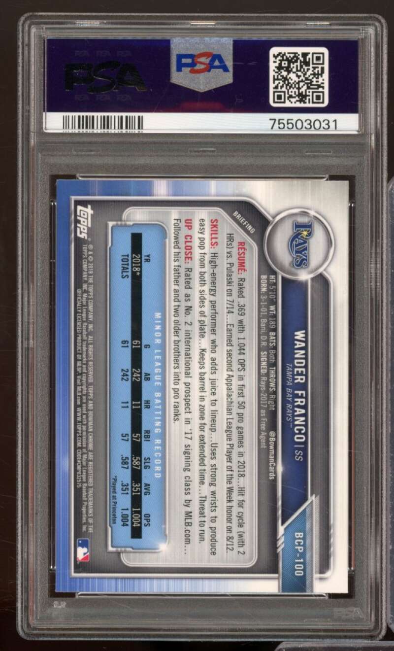 Wander Franco Rookie Card 2019 Bowman Prospects Chrome #100 PSA 10 Image 2