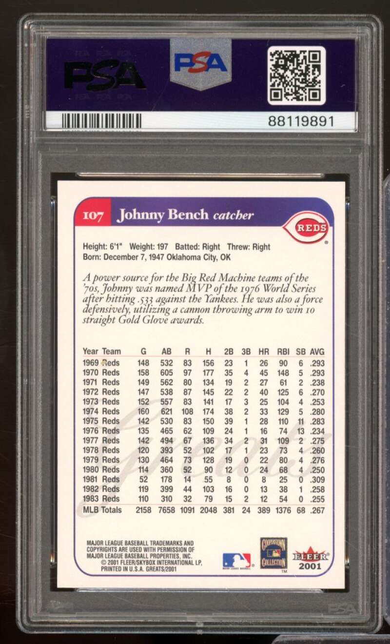 Johnny Bench Card 2001 Fleer Greats #107 PSA 9 Image 2