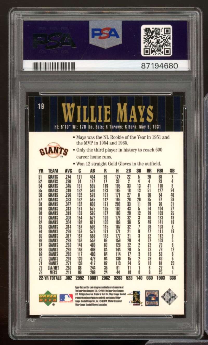 Willie Mays Card 2001 UD Hall Of Famers #19 PSA 9 Image 2