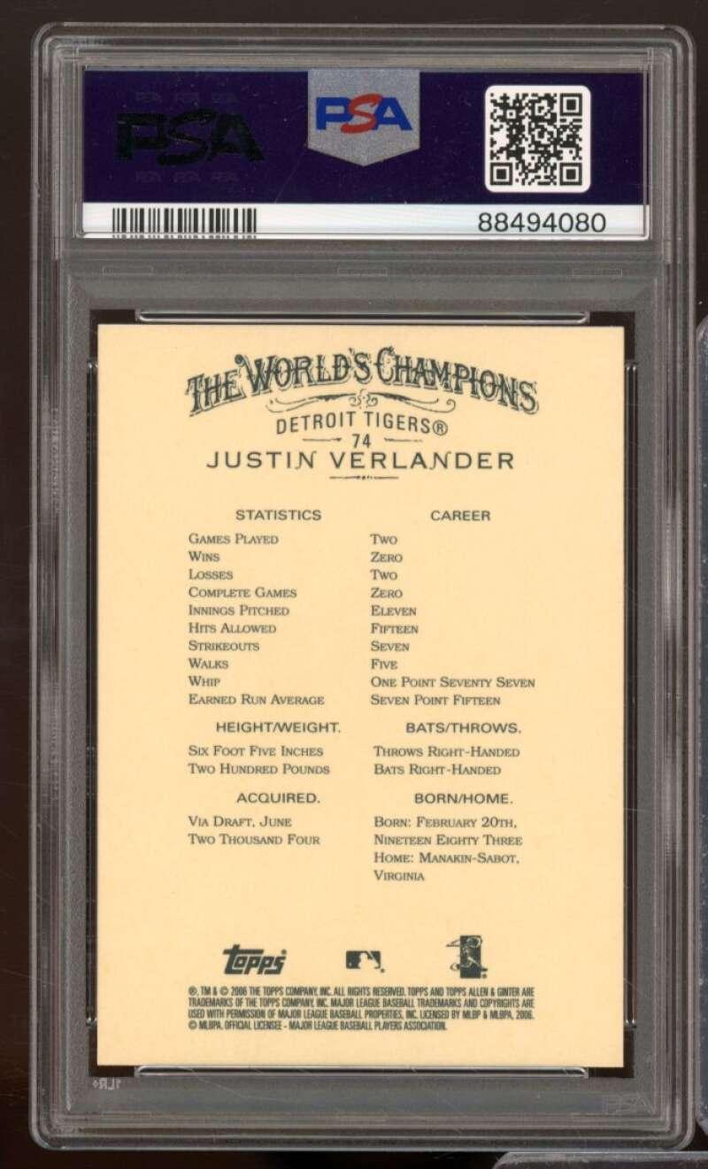 Justin Verlander Rookie Card 2006 Topps Allen &amp; Ginter #74 PSA 5 Image 2