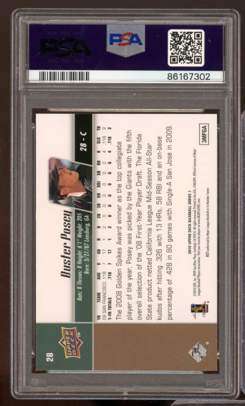 Buster Posey Rookie Card 2010 Upper Deck #28 PSA 8 Image 2