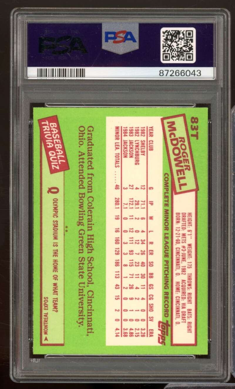 Roger Mcdowell Rookie Card 1985 Topps Traded #83T PSA 9 Image 2