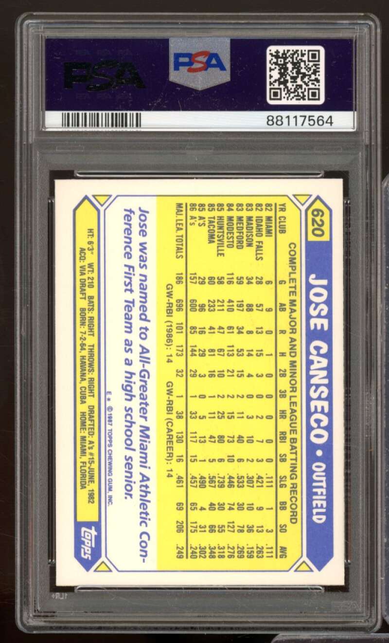 Jose Canseco Card 1987 Topps Tiffany #620 PSA 8 Image 2