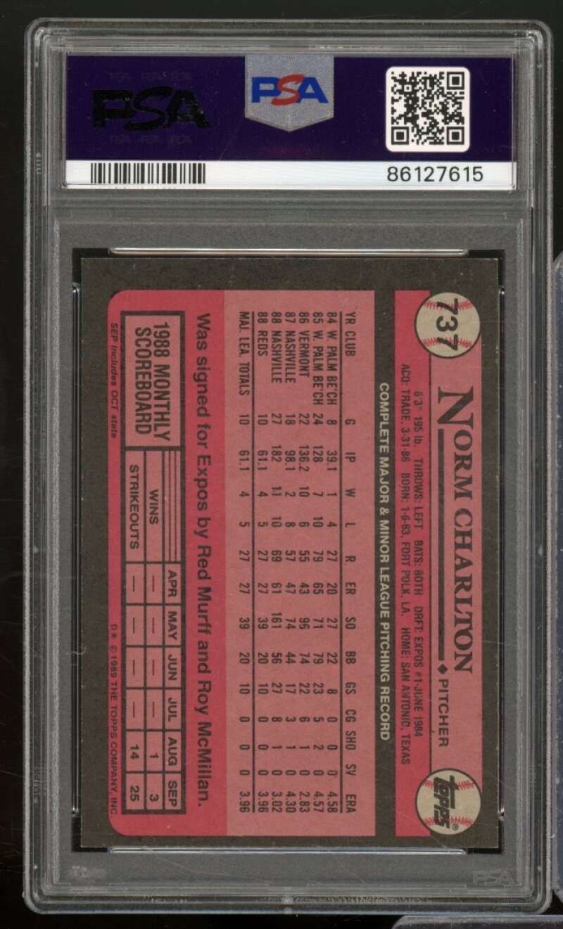 Norm Charlton Rookie Card 1989 Topps #737 PSA 9 Image 2