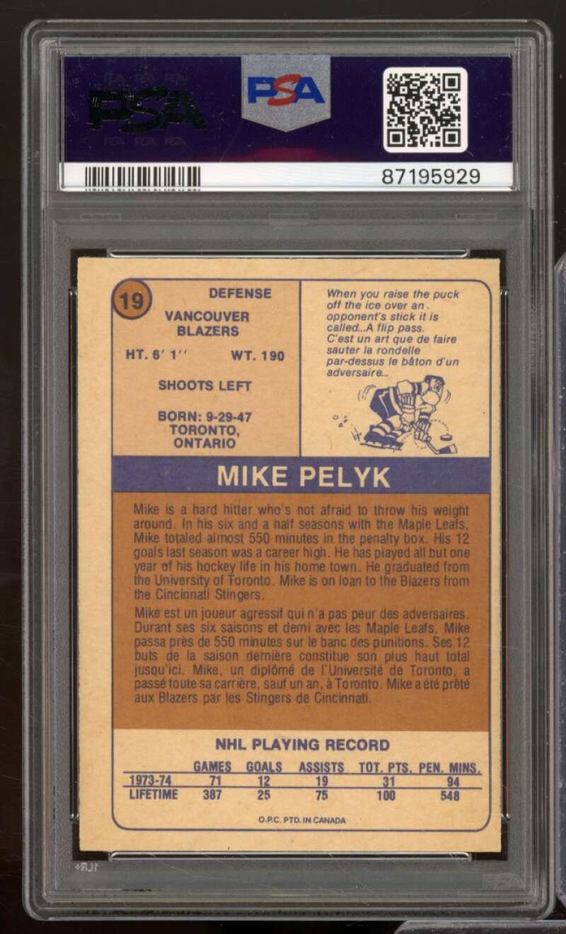 Mike Pelyk Card 1974-75 O-Pee-Chee WHA #19 PSA 7 Image 2