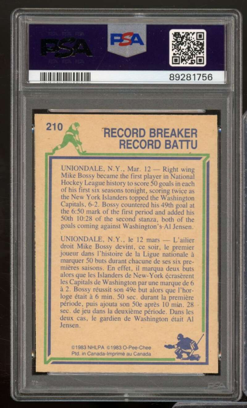 Mike Bossy Card 1983-84 O-Pee-Chee #210 PSA 8 Image 2