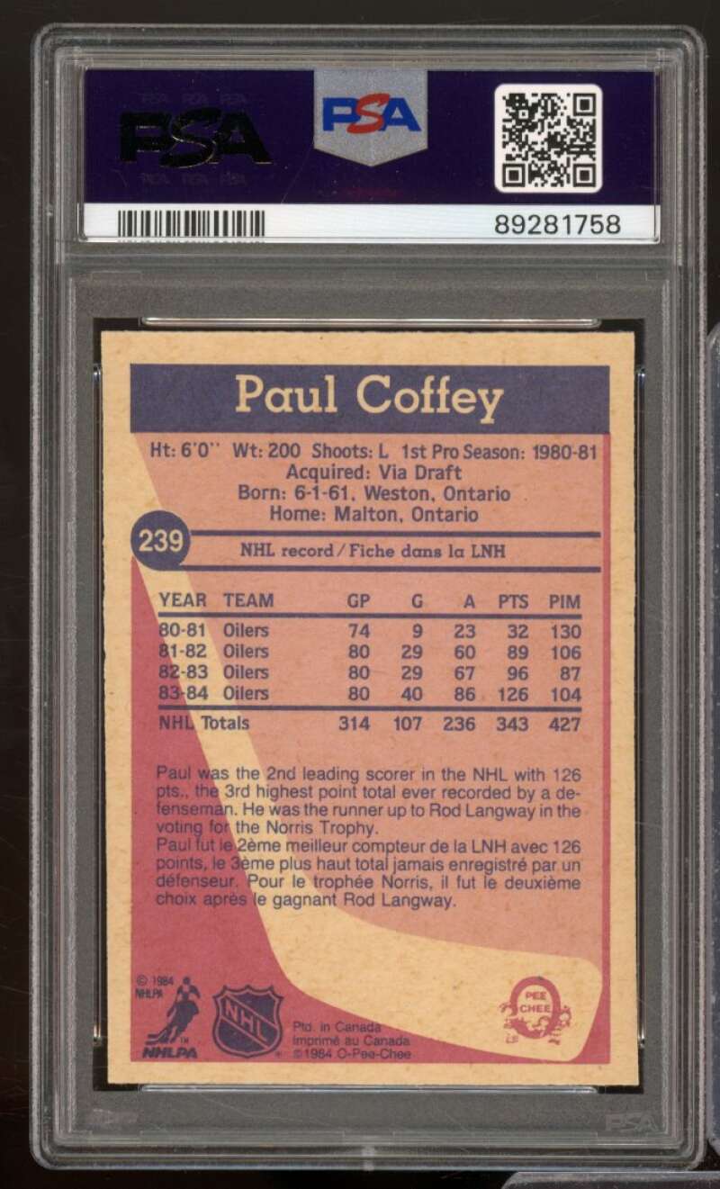 Paul Coffey Card 1984-85 O-Pee-Chee #239 PSA 8 Image 2