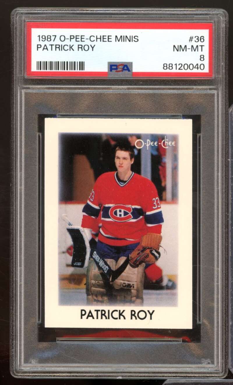 Patrick Roy Card 1987-88 O-Pee-Chee Minis #36 PSA 8 Image 1