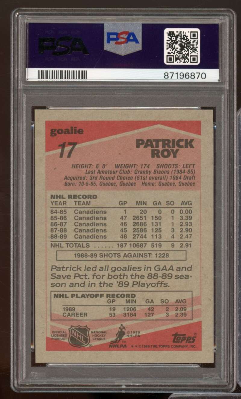 Patrick Roy Card 1989-90 Topps #17 PSA 8 Image 2