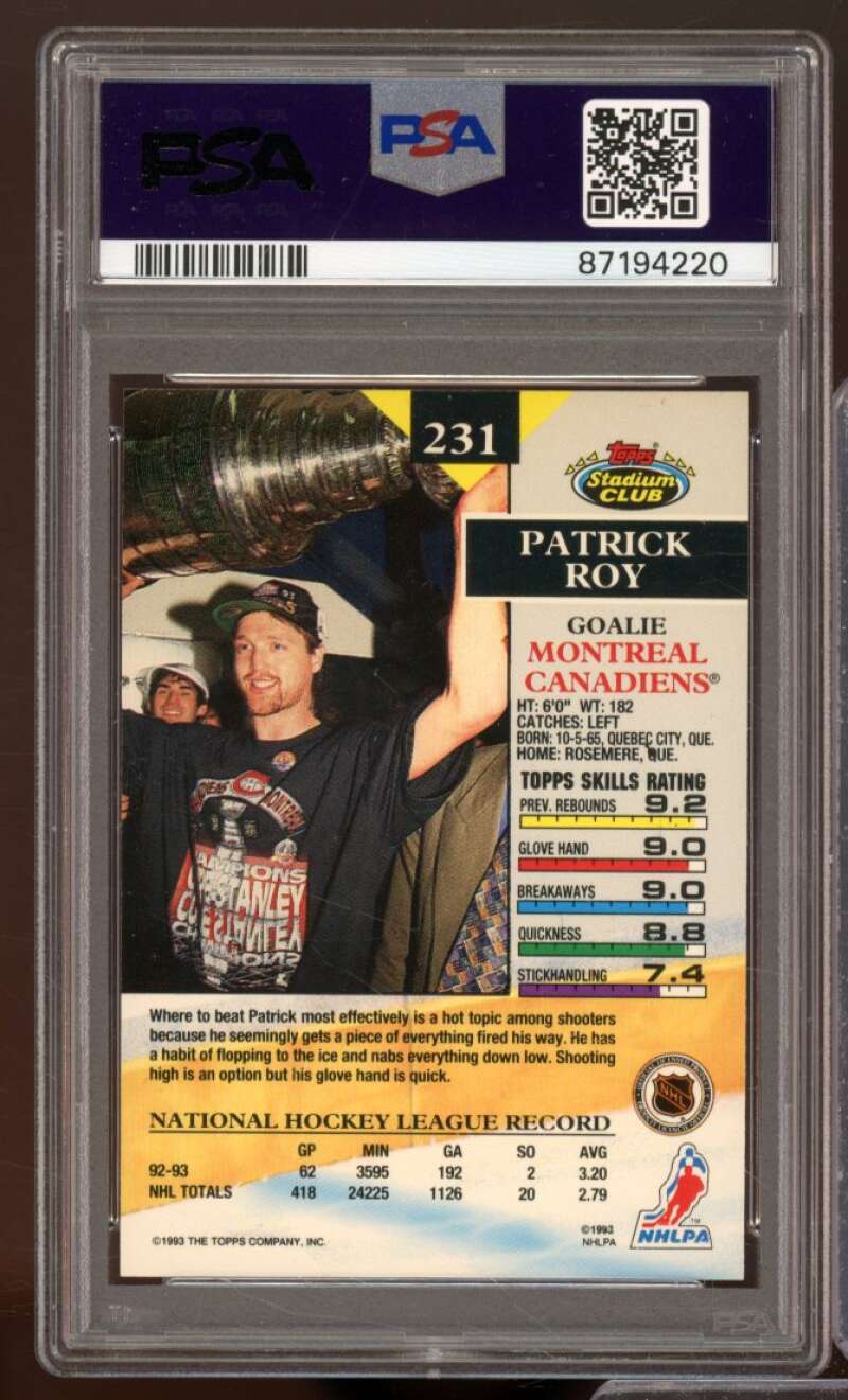 Patrick Roy Card 1993-94 Stadium Club #231 PSA 7 Image 2