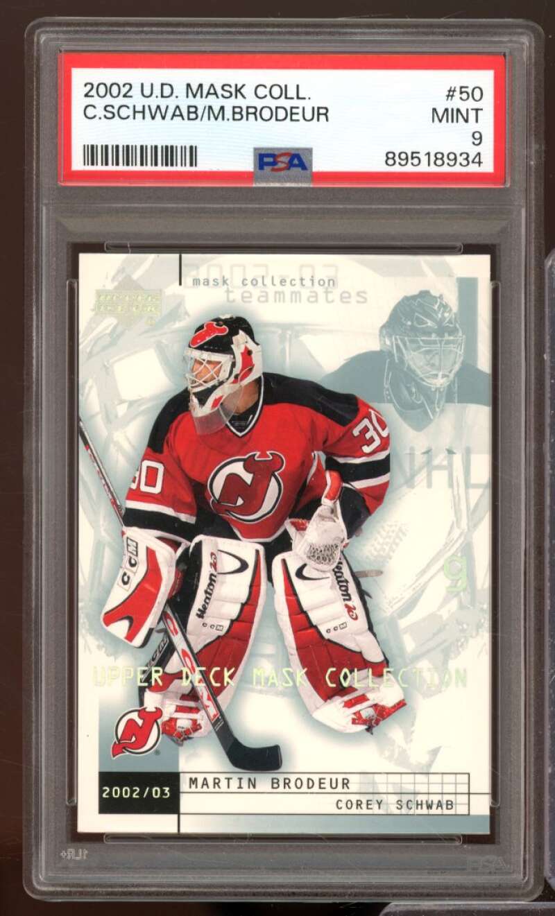 Corey Schwab/Martin Brodeur Card 2002-03 Upper Deck Mask Collection #50 PSA 9 Image 1