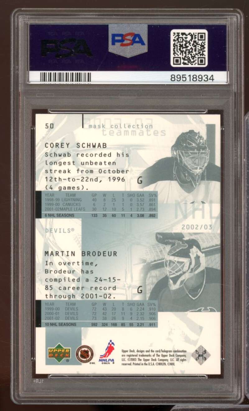 Corey Schwab/Martin Brodeur Card 2002-03 Upper Deck Mask Collection #50 PSA 9 Image 2