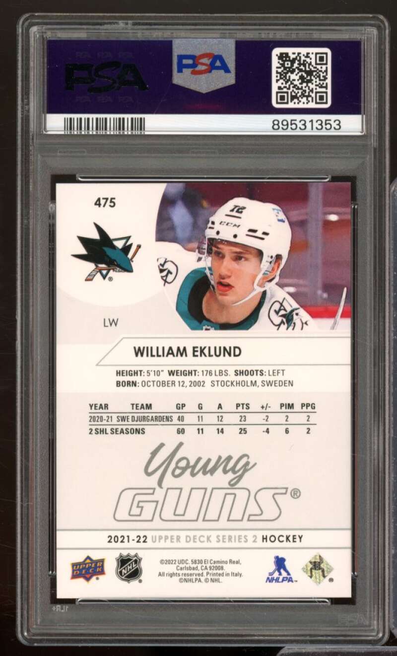 William Eklund Rookie Card 2021-22 Upper Deck #475 PSA 6 Image 2