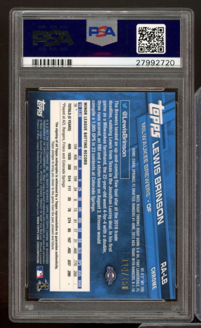 Lewis Brinson Rookie 2017 Topps Chrome Autographs Blue Refractor #RA-LB PSA 9 Image 2