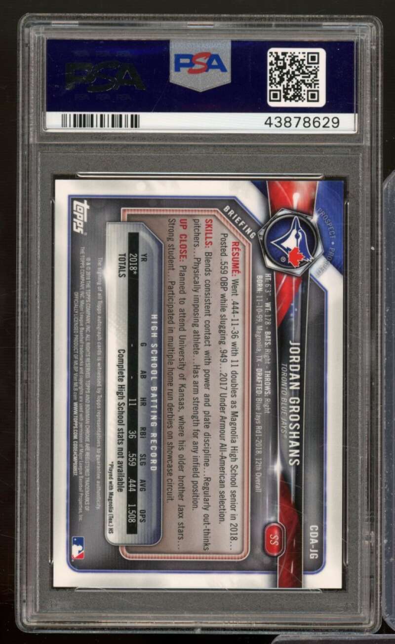 Jordan Groshans Rookie 2018 Bowman Draft Chrome Draft Picks Auto #CDAJG PSA 9 Image 2