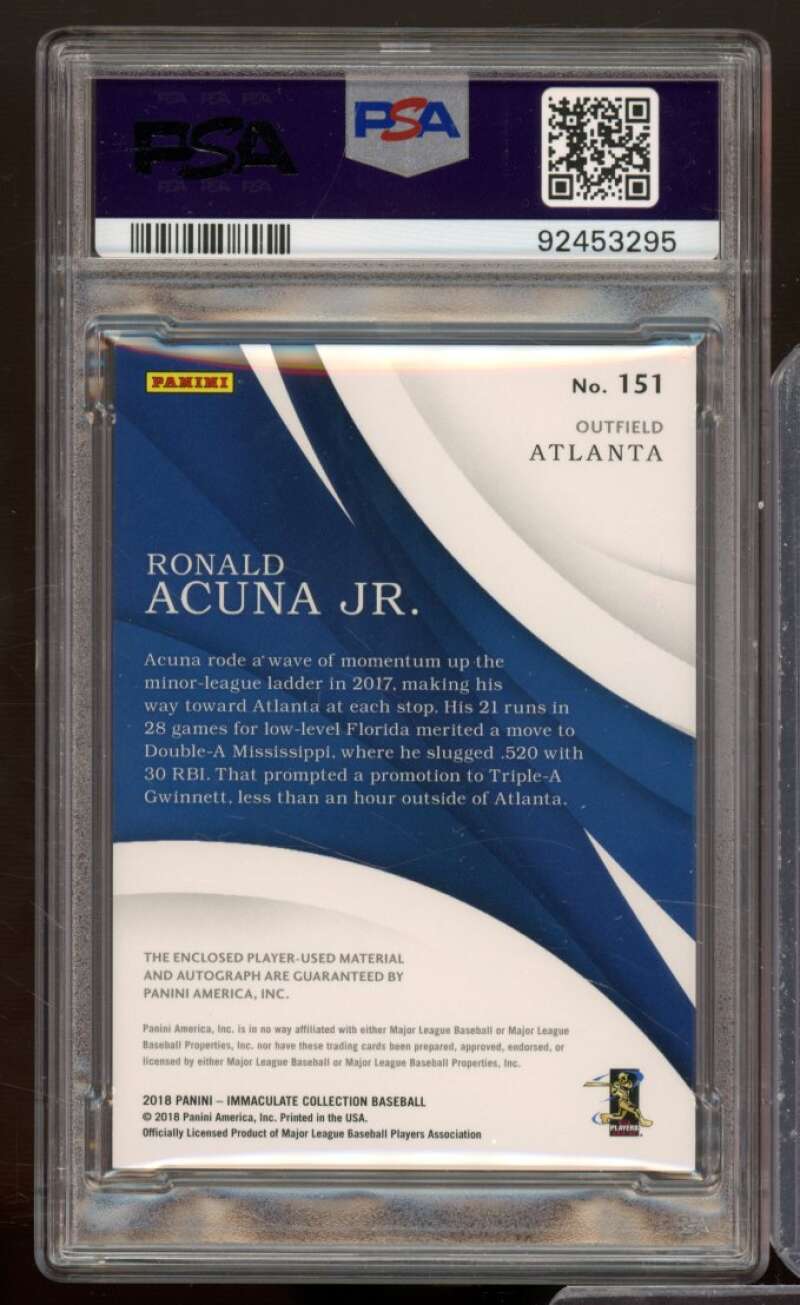 Ronald Acuna Rookie 2018 Immaculate Autograph Dual Materials (pop 8) #151 PSA 9 Image 2