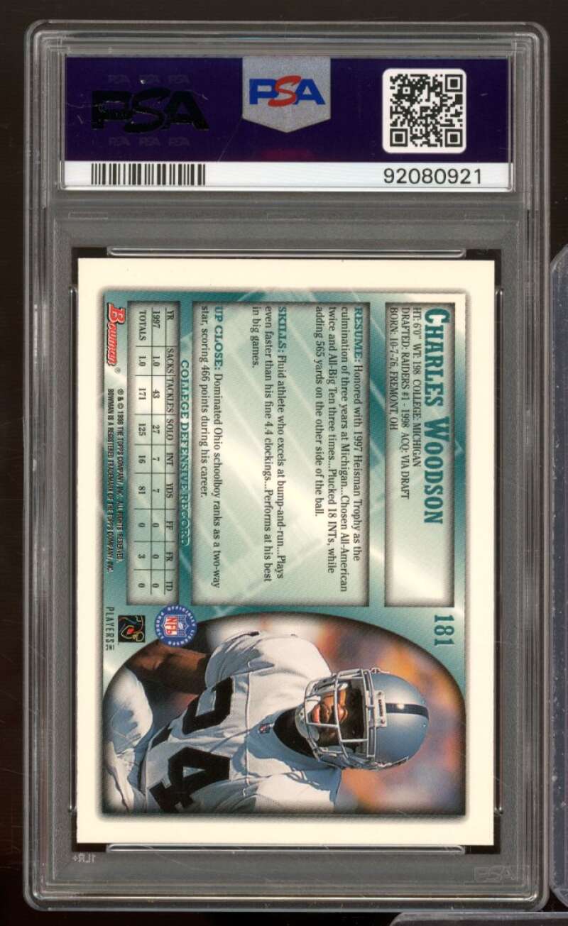 Charles Woodson Rookie Card 1998 Bowman #181 PSA 8 Image 2