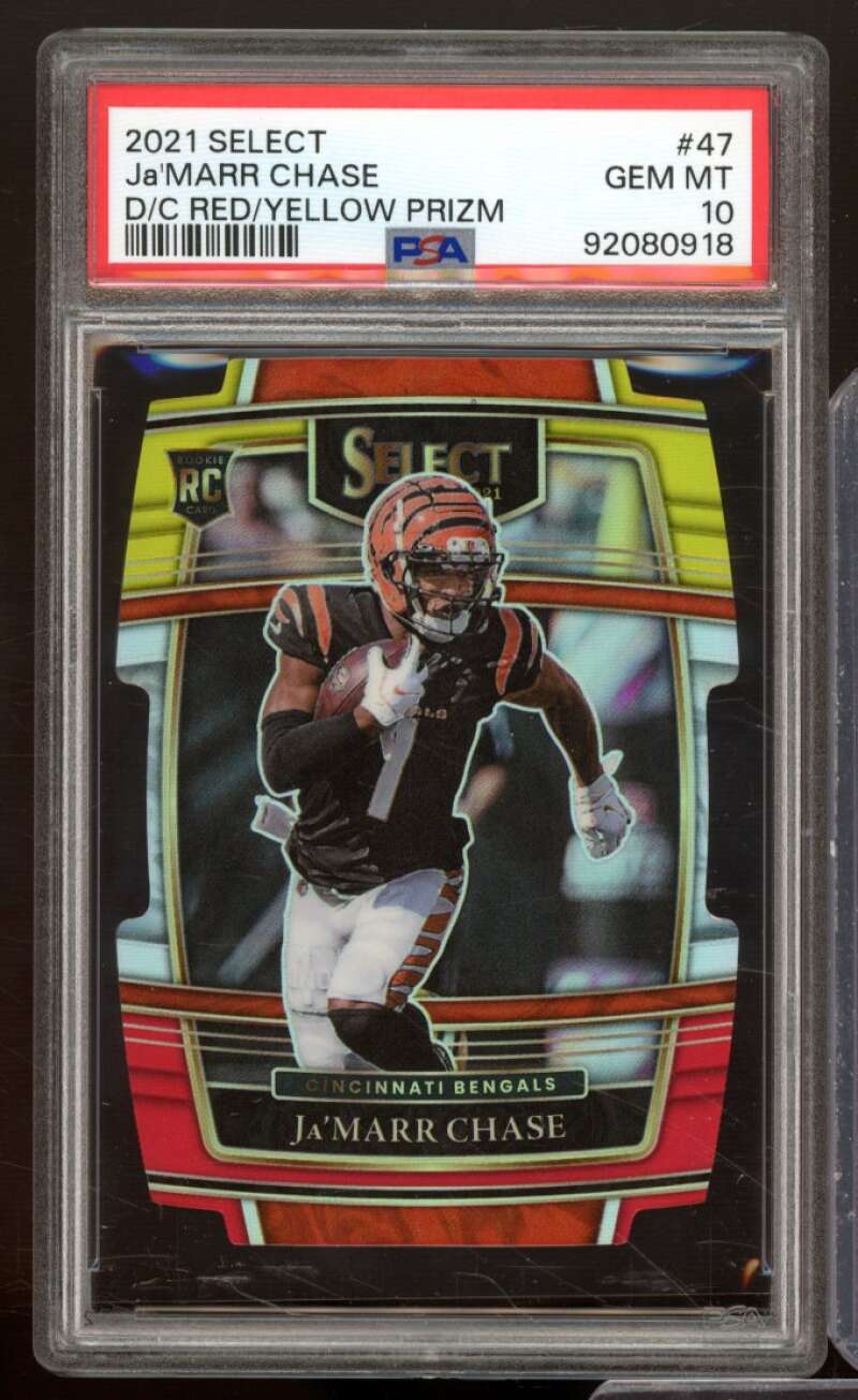 Ja'Marr Chase Rookie Card 2021 Select D/C Red/Yellow Prizm #47 PSA 10 Image 1