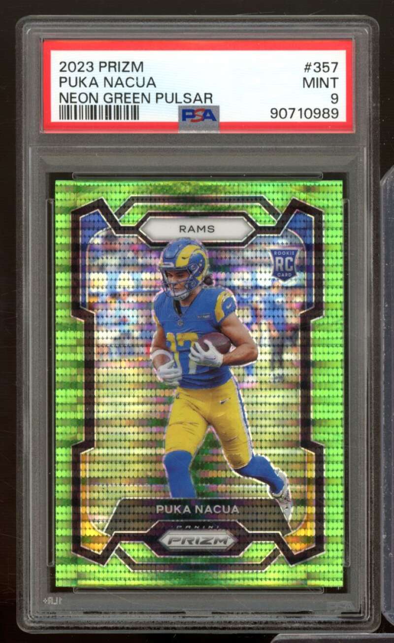 Puka Nacua Rookie Card 2023 Prizm Neon Green Pulsar #357 PSA 9 Image 1