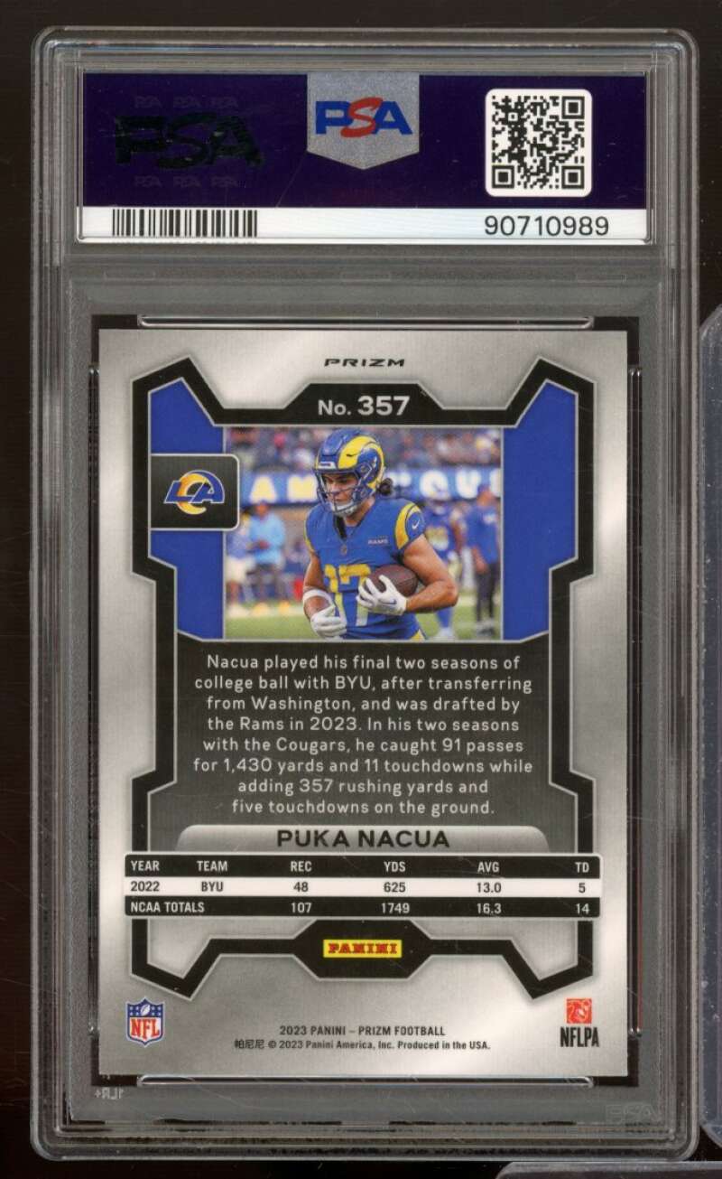 Puka Nacua Rookie Card 2023 Prizm Neon Green Pulsar #357 PSA 9 Image 2