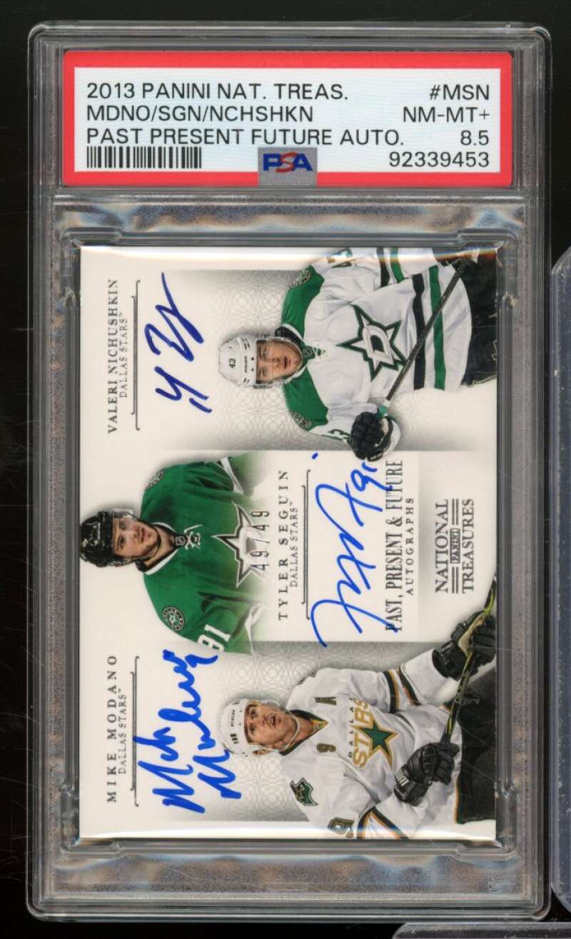 Modano/Seguin/Nichuhkin 2013-14 National Treasures PP Future Auto #MSN PSA 8.5 Image 1