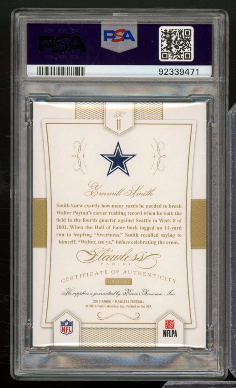 Emmitt Smith 2015 Panini Flawless Sapphire #11 (Serial #d 1 of 10) (pop 1) PSA 9 Image 2