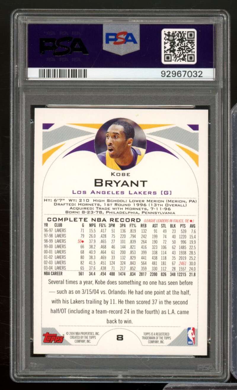 Kobe Bryant Card 2004-05 Topps #8 PSA 10 Image 2