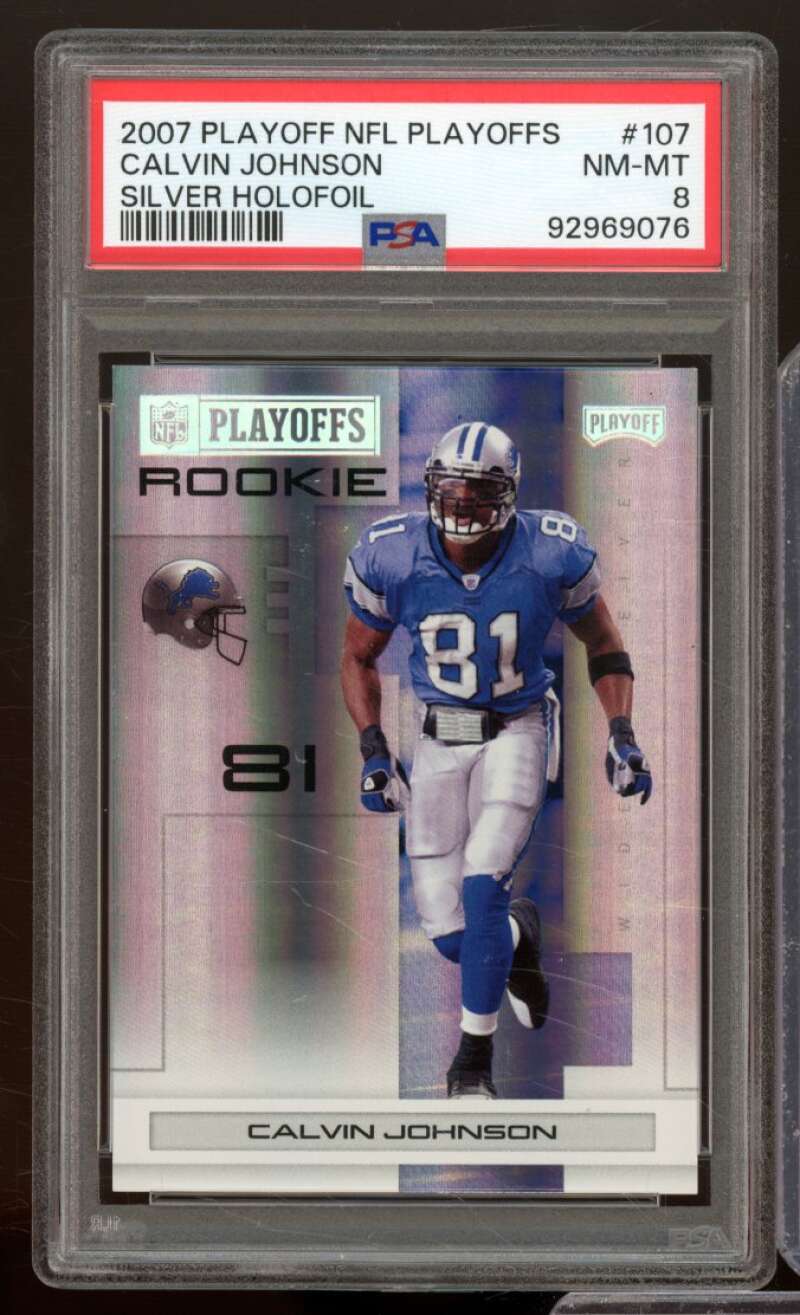 Calvin Johnson Rookie Card 2007 Playoff NFL Silver Holofoil (pop 2) #107 PSA 8 Image 1