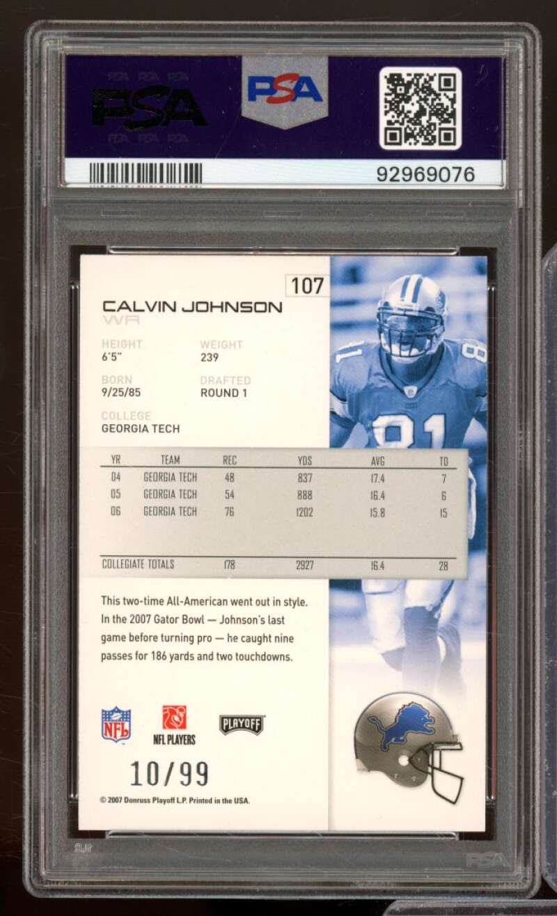 Calvin Johnson Rookie Card 2007 Playoff NFL Silver Holofoil (pop 2) #107 PSA 8 Image 2