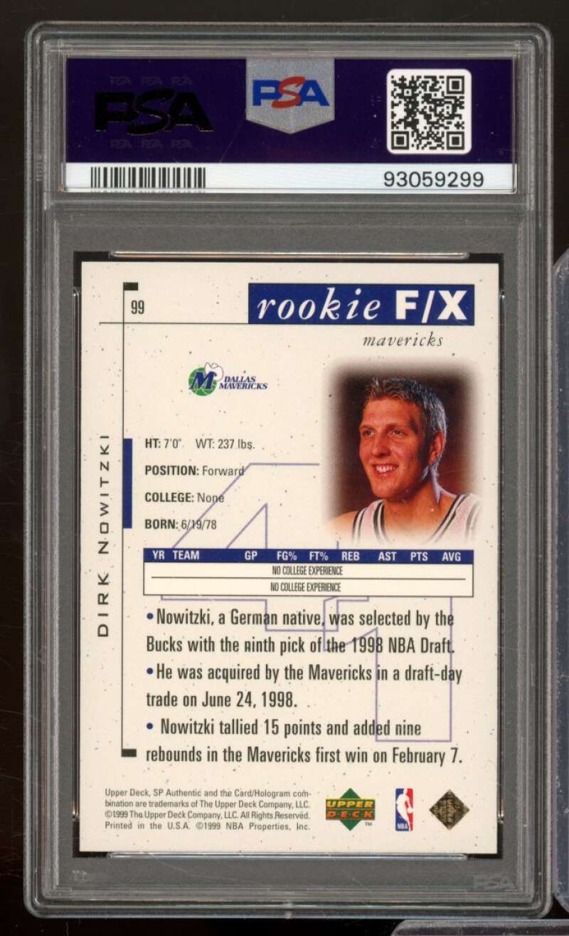 Dirk Nowitzki Rookie Card 1998-99 SP Authentic #99 PSA 9 Image 2