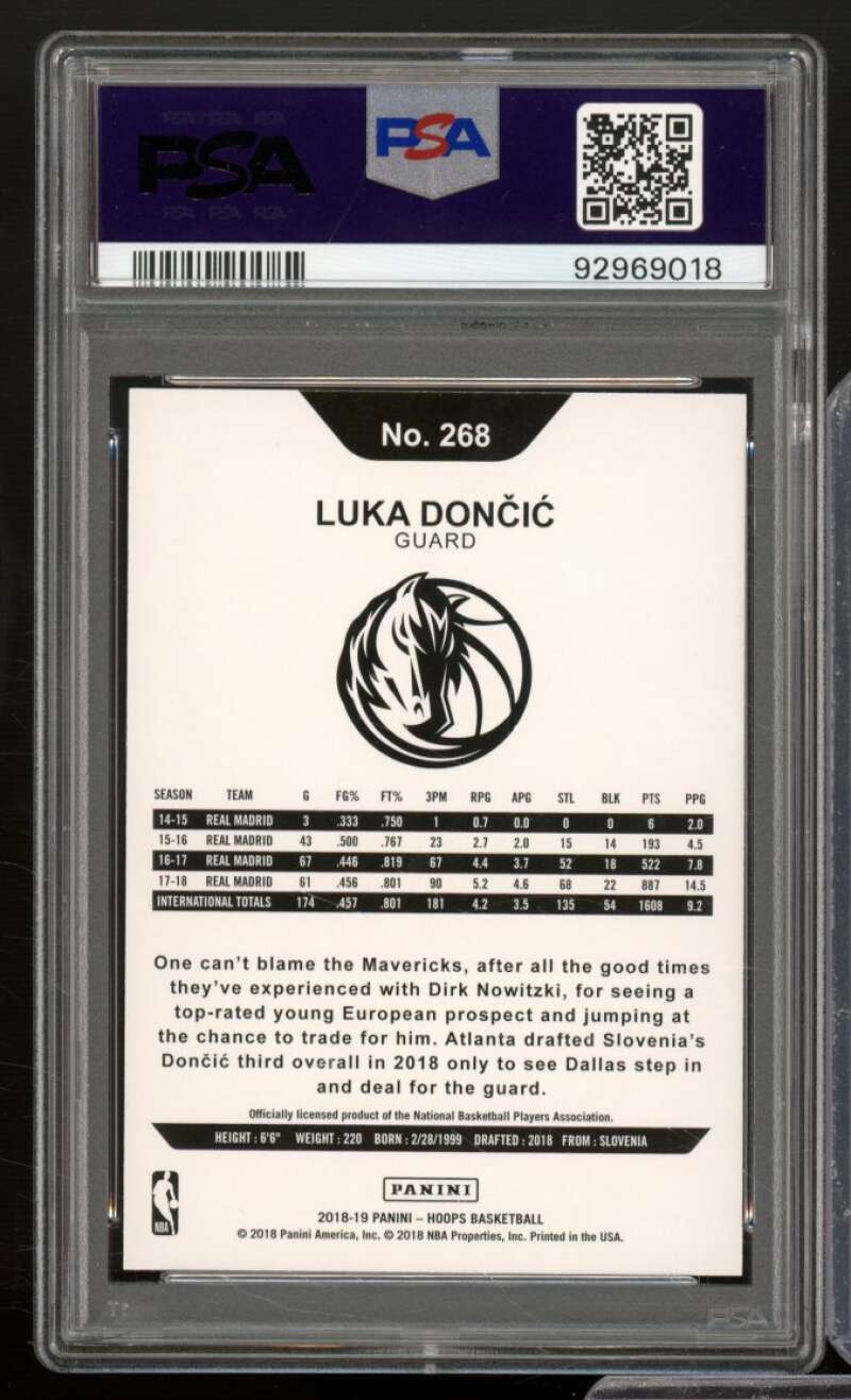 Luka Doncic Rookie Card 2018-19 Panini Hoops Blue #268 PSA 9 Image 2