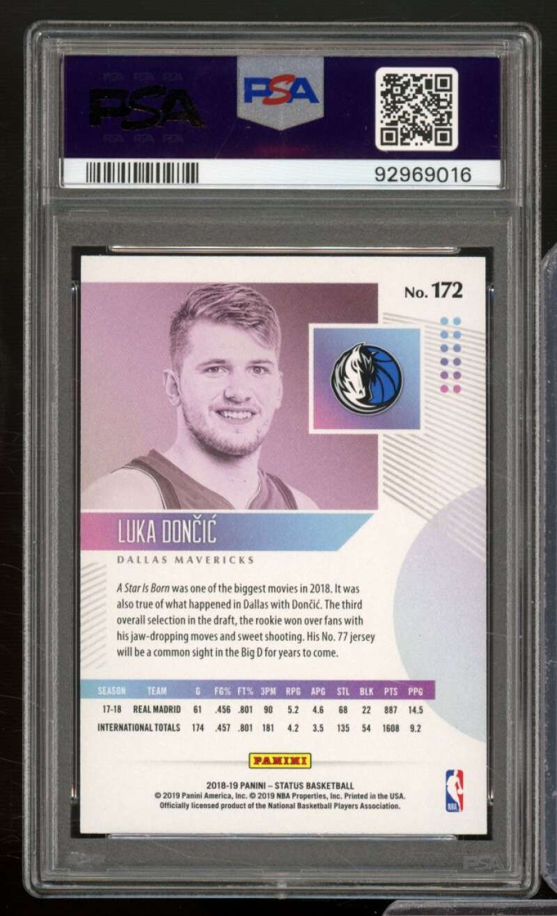 Luka Doncic Rookie Card 2018-19 Panini Status Blue #172 PSA 10 Image 2